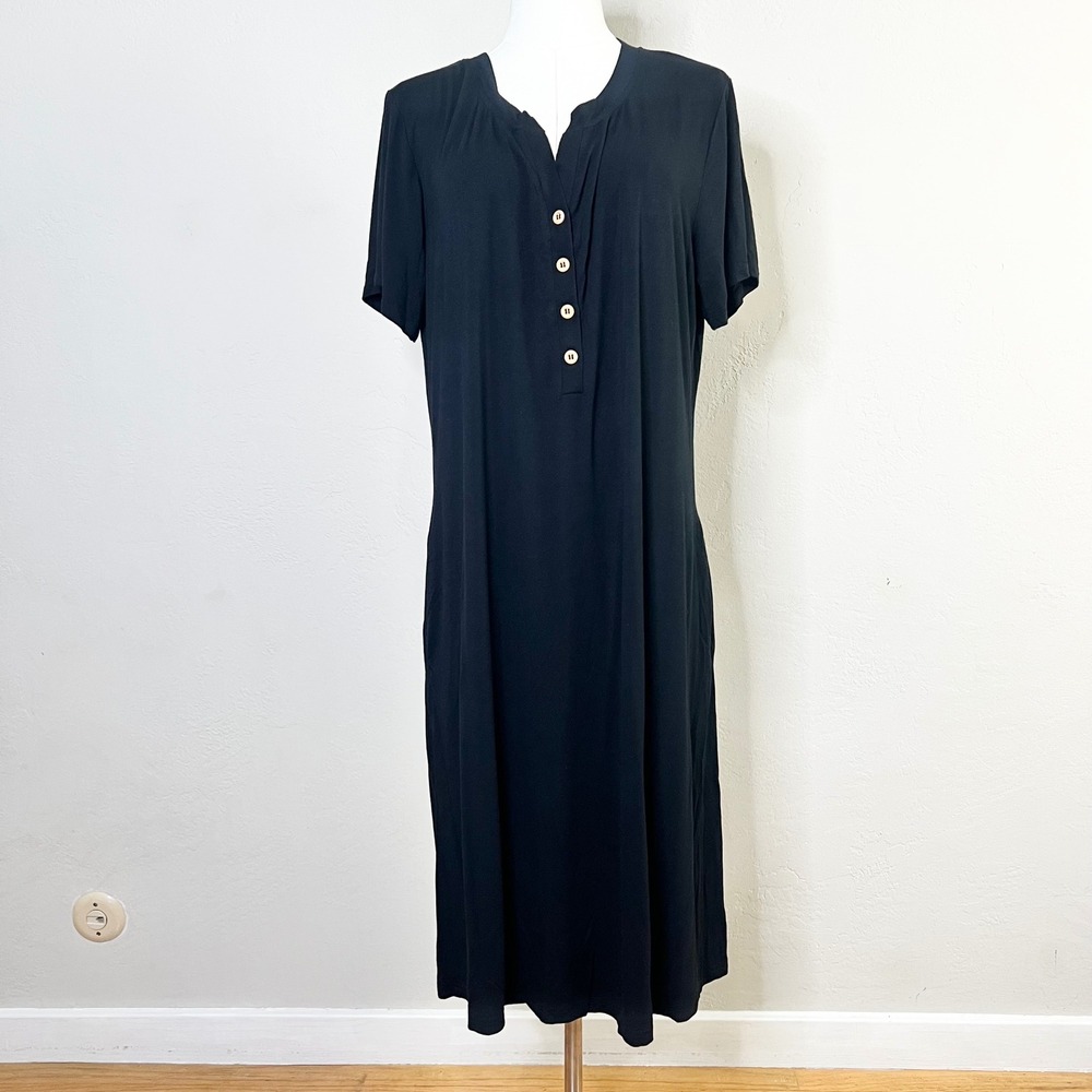 Kyte Dress Henley Midi Women Size Large‎ Black Bamboo Spandex Short Sleeve Soft
